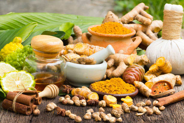Bowls of Ayurvedic herbs and spices