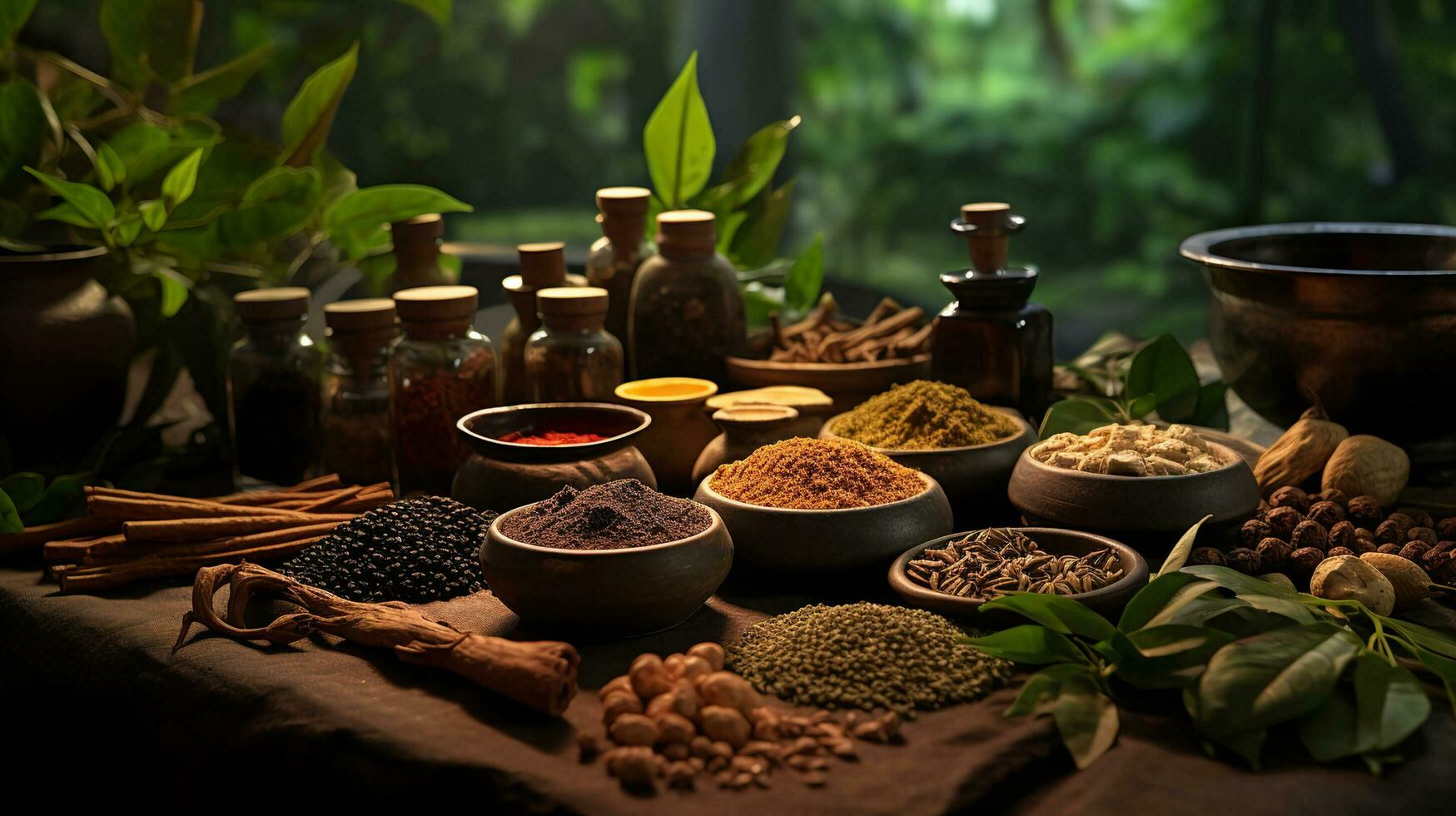 Ayurvedic ingredients in jars and bowls