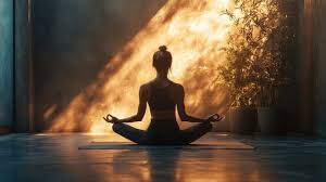 Person meditating at sunset